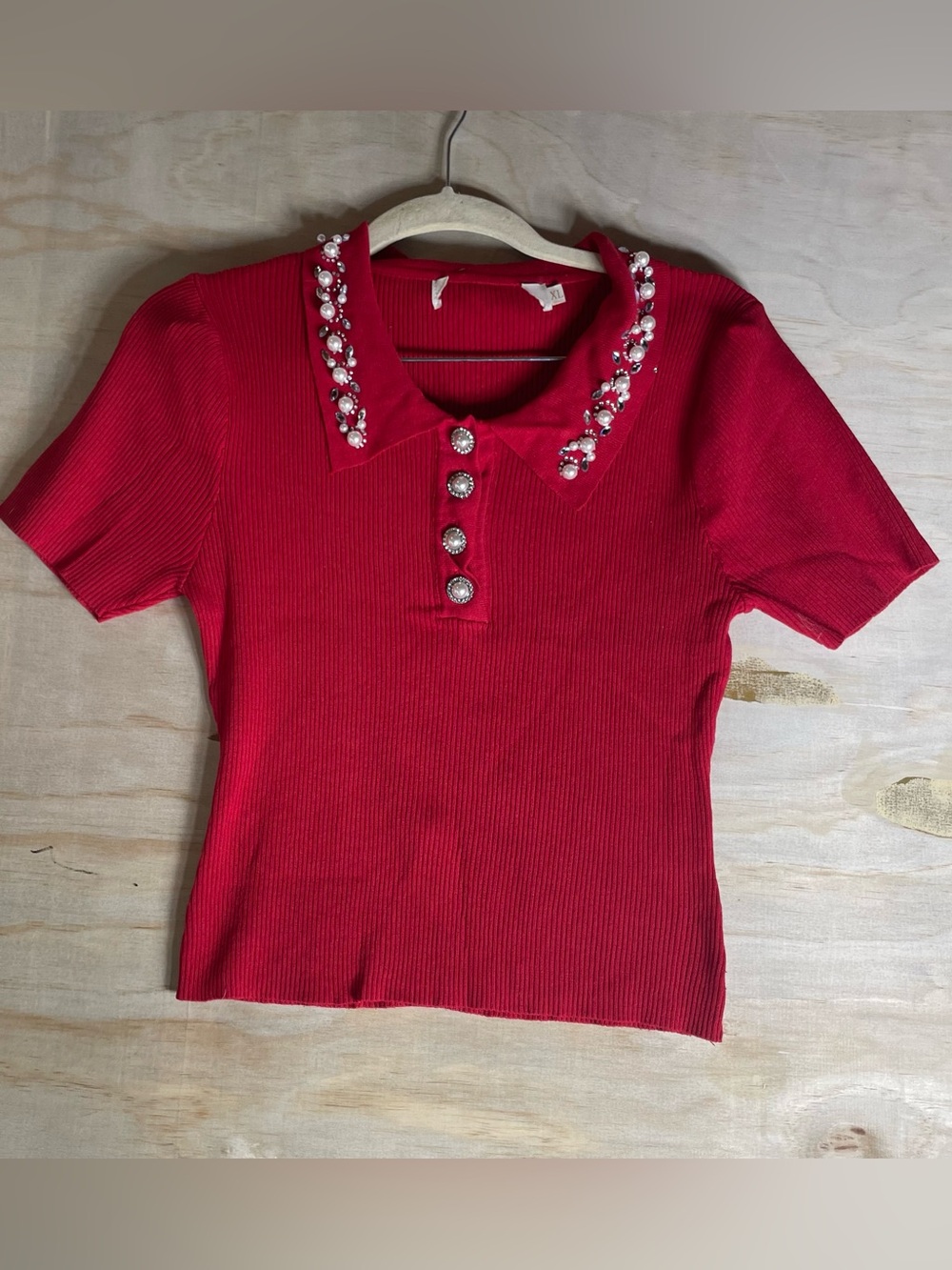 Pearl-Trim Red Ribbed Button-Down Polo Top - Women